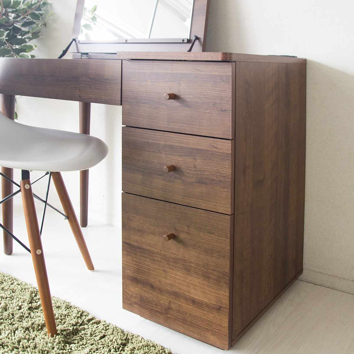 木製ドレッサー・鏡台 引き出し付き デスクドレッサー 幅90cm ミラー コスメ収納 引き出し 木目調