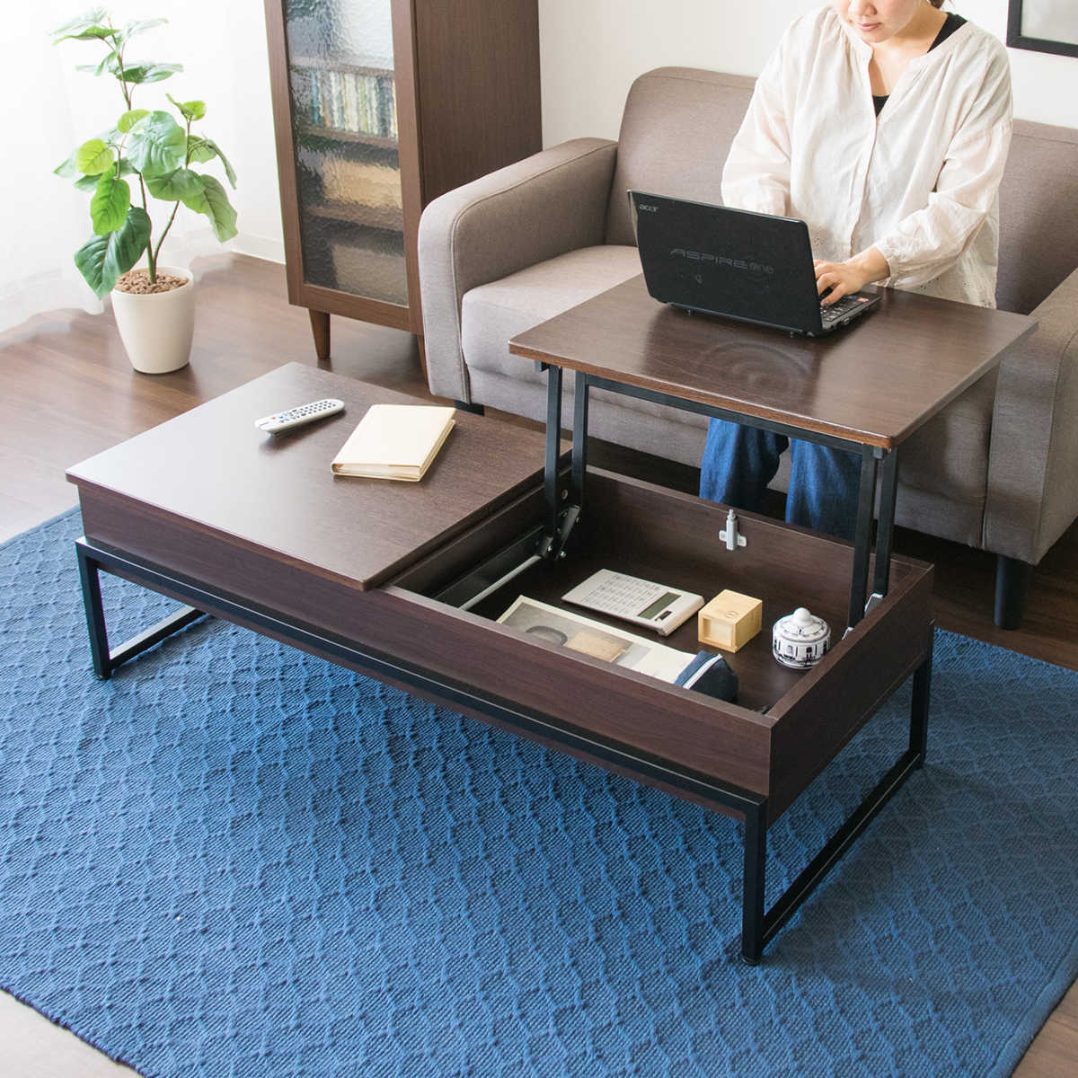 センターテーブル 幅120cm 天板昇降 収納 スチール脚 （ リビング