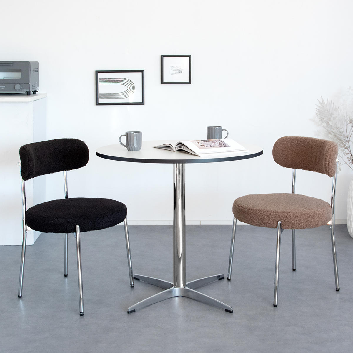 ダイニングチェア 座面高44.5cm ブークレ生地 Anti ( スチール 椅子 チェア デスクチェア リビング 丸 ラウンド 座面 ふわふわ もこもこ モノトーン 可愛い ) 【グレージュ】 グレージュ