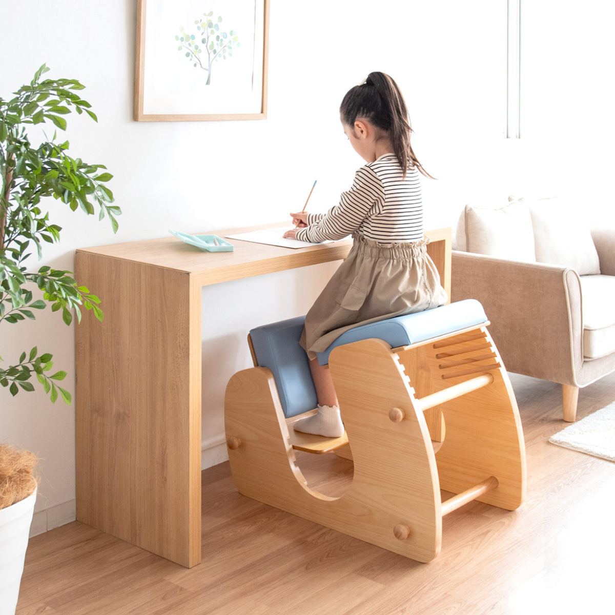 学習チェア 椅子 KEEPY プロポーションチェア ナチュラルフレーム ( 学習椅子 チェア 勉強 サポート 姿勢 高さ調節 天然木 木製 ナチュラル 子ども 大人 リビング学習 キッズ テレワーク 在宅 正しい姿勢 集中力アップ 足置き ) 【ブルー】 ブルー