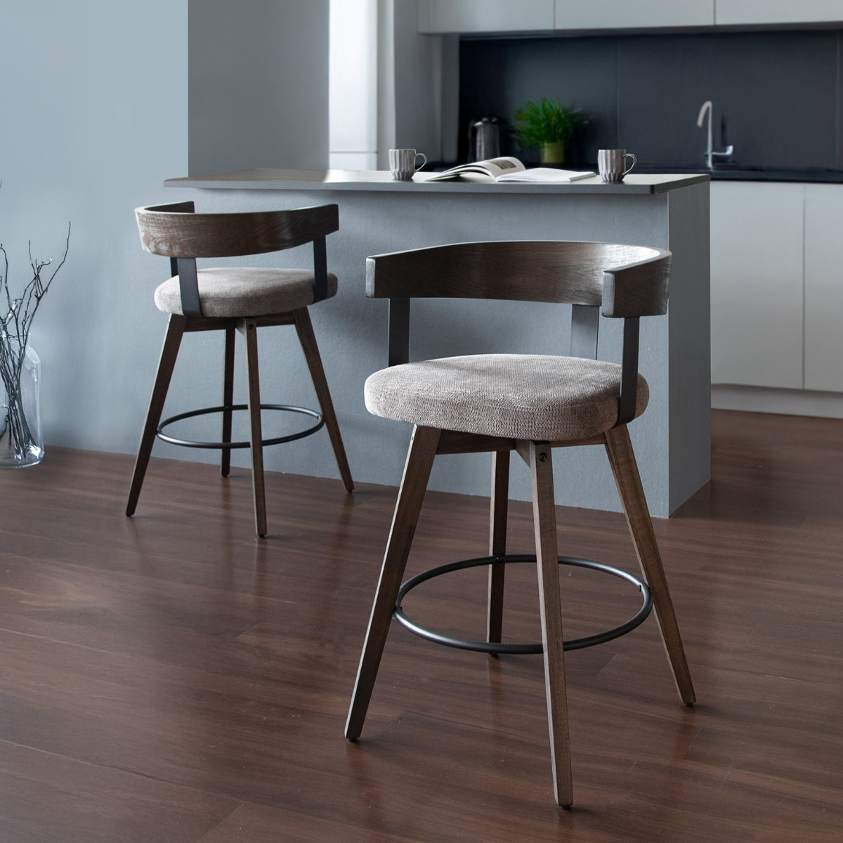 カウンターチェア 回転式 座面高67cm バーチェア Satio ( 背もたれ付き チェア 木製 天然木 回転 フットレスト ハイチェア バースツール イス 椅子 足置き 広めの座面 いす スツール チェアー おしゃれ ハイタイプ キッチン ) 【ダークブラウン×ダークグレー】 ダークブラウン×ダークグレー
