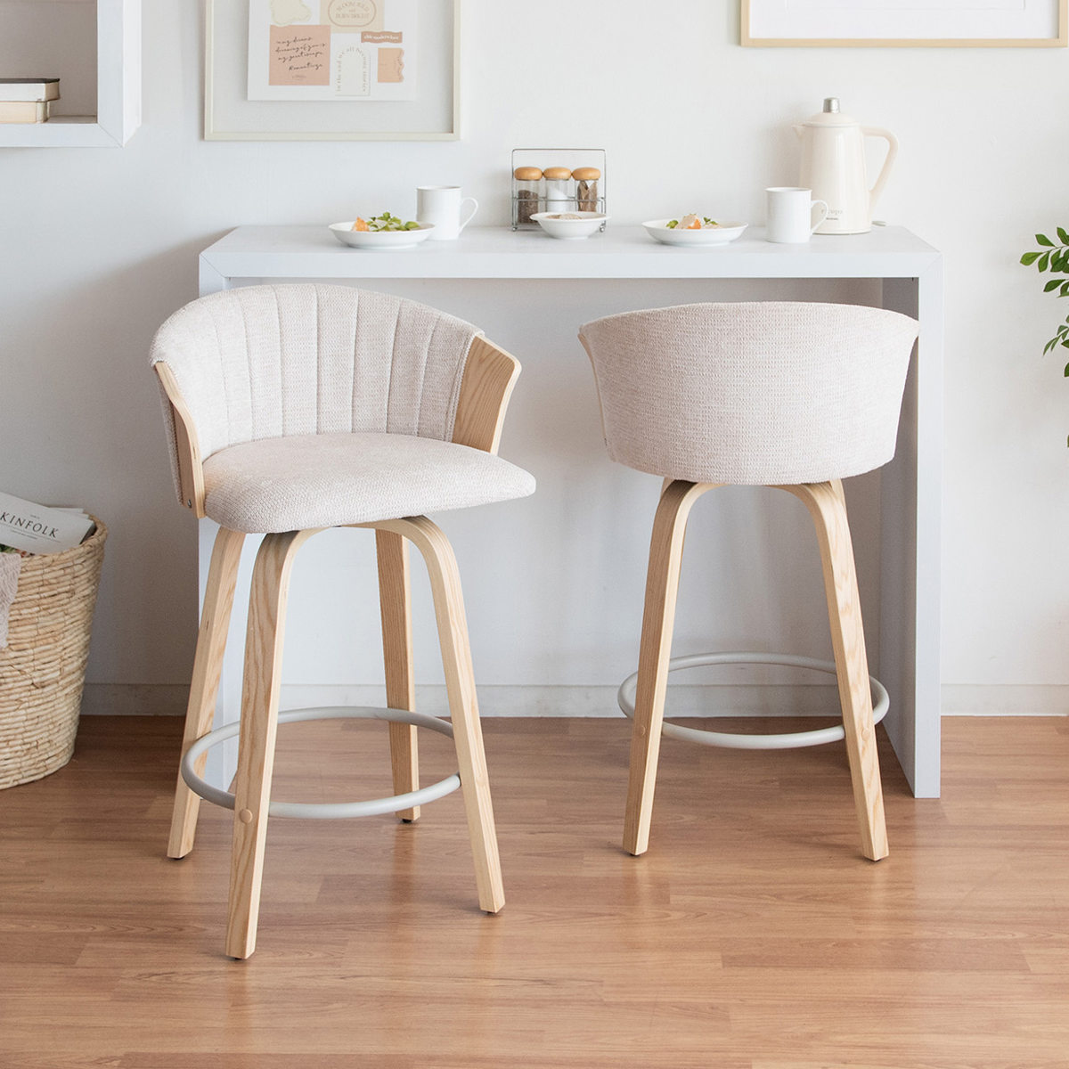 カウンターチェア 回転式 座面高65cm バーチェア Litas ( 背もたれ付き キッチンチェア カウンター イス 椅子 木製 天然木 回転 幅広 座面 フットレスト キッチン ラウンドチェア ダイニング ハイチェア ファブリック おしゃれ ) 【ブラウン×ダークグレー】 ブラウン×ダークグレー