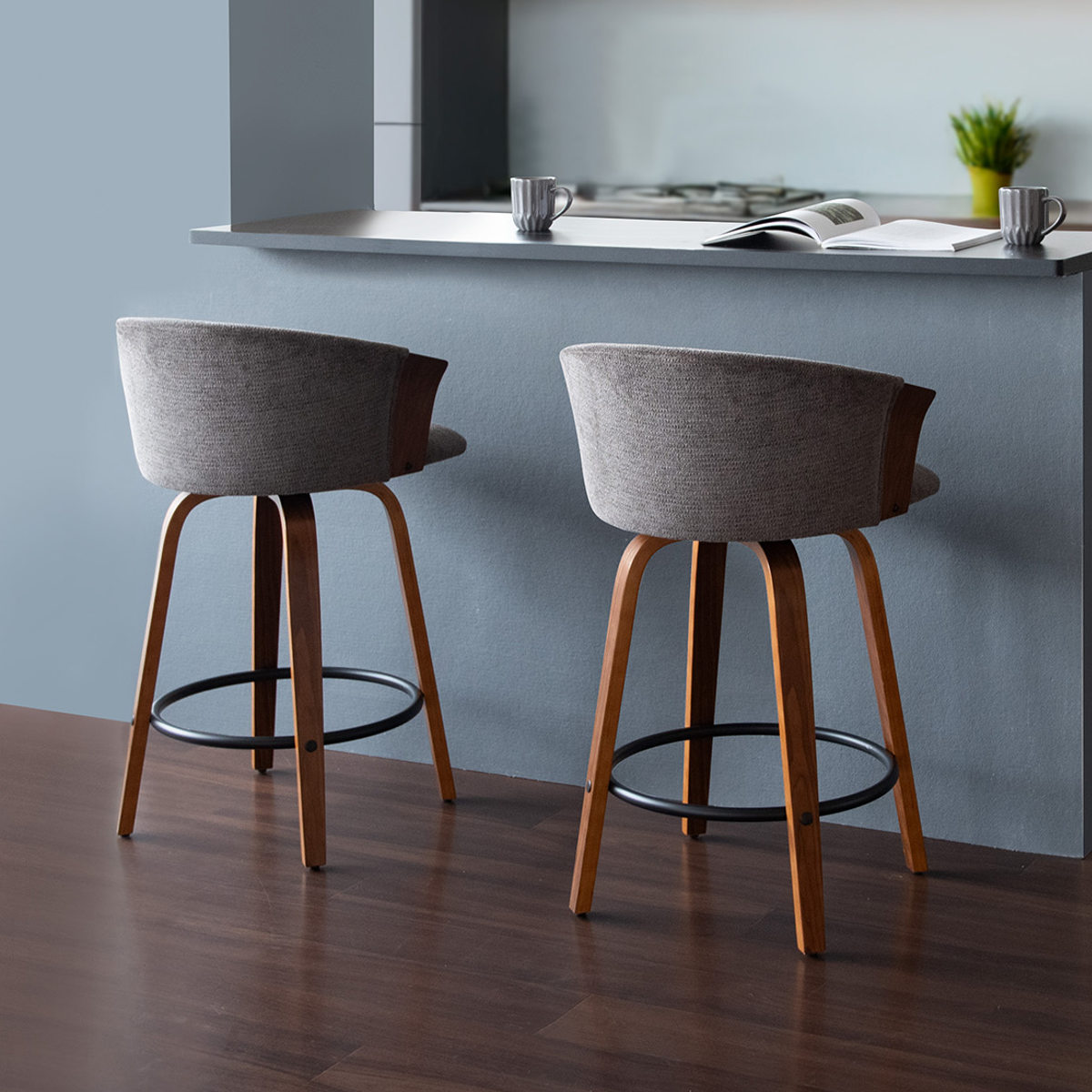 カウンターチェア 回転式 座面高65cm バーチェア Litas ( 背もたれ付き キッチンチェア カウンター イス 椅子 木製 天然木 回転 幅広 座面 フットレスト キッチン ラウンドチェア ダイニング ハイチェア ファブリック おしゃれ ) 【ブラウン×ダークグレー】 ブラウン×ダークグレー