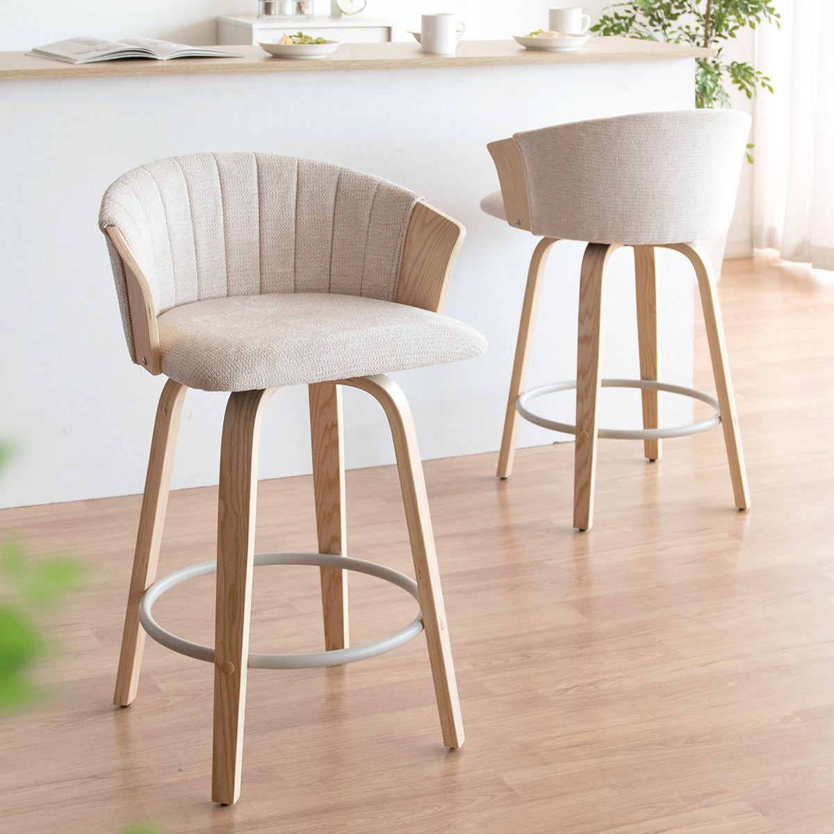 カウンターチェア 回転式 座面高65cm バーチェア Litas ( 背もたれ付き キッチンチェア カウンター イス 椅子 木製 天然木 回転 幅広 座面 フットレスト キッチン ラウンドチェア ダイニング ハイチェア ファブリック おしゃれ ) 【ブラウン×ダークグレー】 ブラウン×ダークグレー