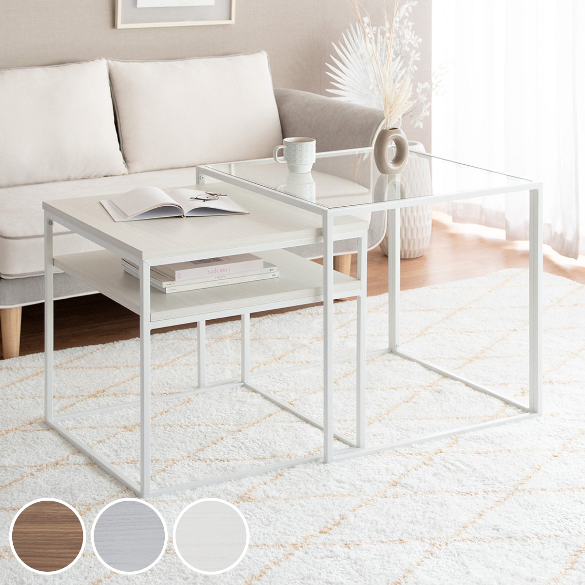 リビングテーブル 正方形 幅54cm 幅60cm ネストテーブル 棚付 Poluca ( テーブル ハイタイプ 高さ60cm センターテーブル ガラステーブル 伸縮 収納付き おしゃれ リビング スライド サイドテーブル ソファテーブル 棚付き 収納棚 ) 【ブラウン】