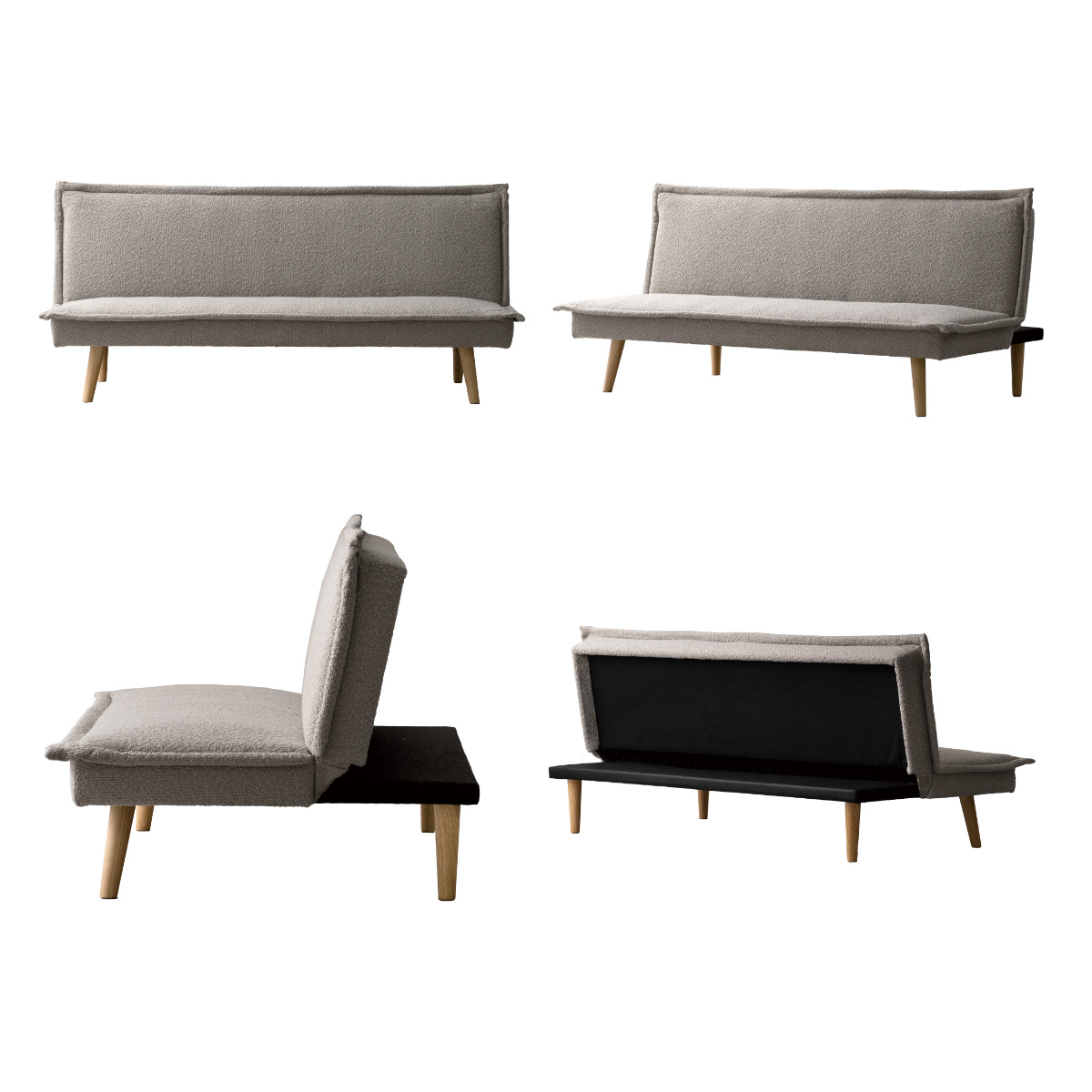 ソファベッド 幅165cm 3人掛け 3段階リクライニング Capella ( ソファ ベッド リクライニング 3段階 ソファー Sバネ ウレタン ブークレ生地 アームレス 肘なし 天然木脚 座面 奥行 広い 来客用 ファブリック お掃除ロボット対応 ) 【グレージュ】 グレージュ