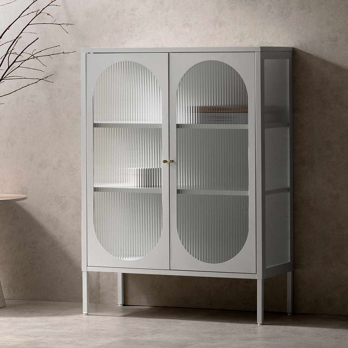 ガラスキャビネット 幅80cm Muun 可動棚 スチール 波板ガラス ( キャビネット 扉 ガラス扉 観音開き 両開き 本棚 ムーン スチールラック ラック 食器棚 飾り棚 キッチン リビング 小物収納 ガラス 透け感 ベージュ ホワイト ) 【ホワイト】 ホワイト