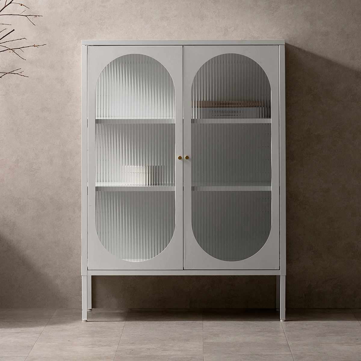 ガラスキャビネット 幅80cm Muun 可動棚 スチール 波板ガラス ( キャビネット 扉 ガラス扉 観音開き 両開き 本棚 ムーン スチールラック ラック 食器棚 飾り棚 キッチン リビング 小物収納 ガラス 透け感 ベージュ ホワイト ) 【ホワイト】 ホワイト