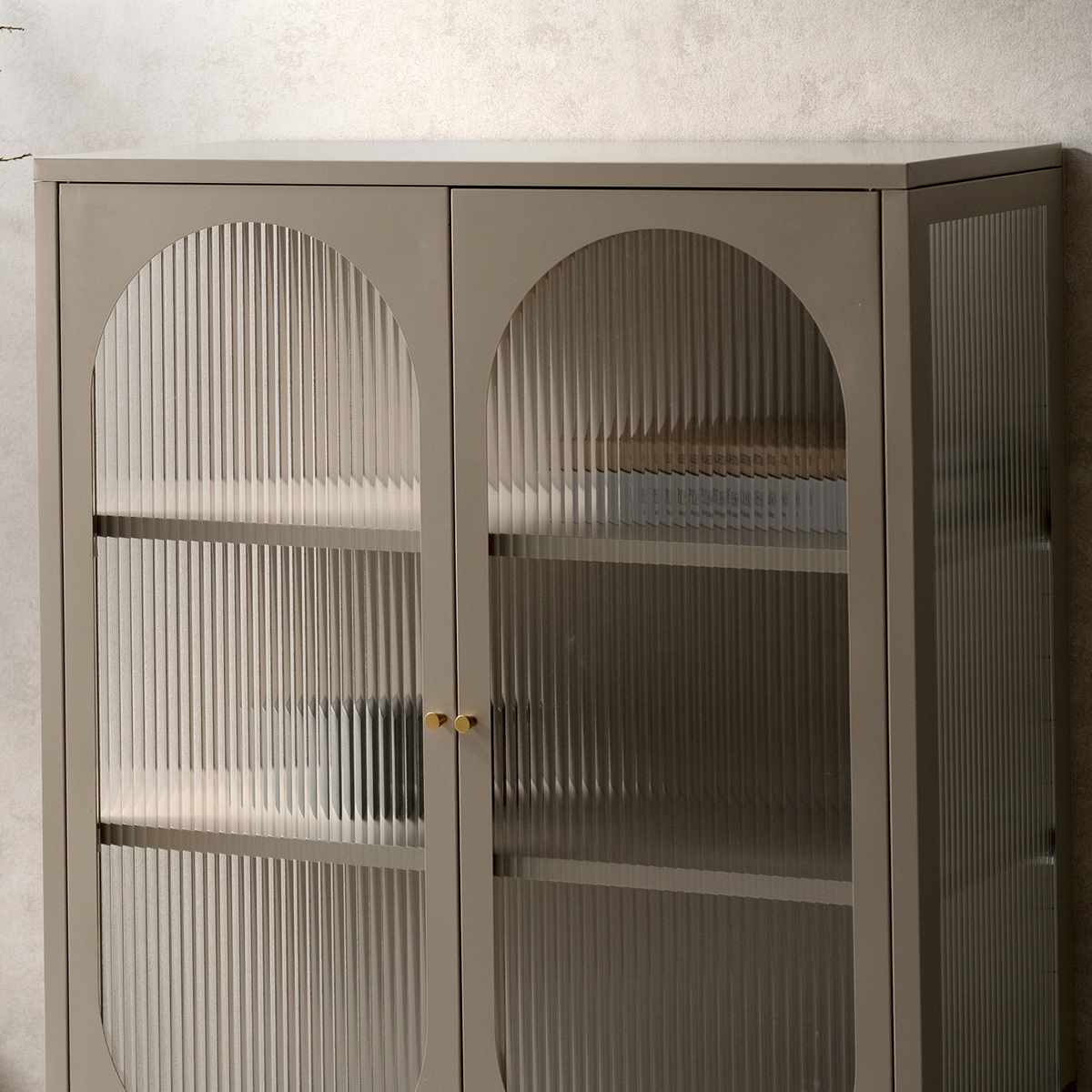 ガラスキャビネット 幅80cm Muun 可動棚 スチール 波板ガラス ( キャビネット 扉 ガラス扉 観音開き 両開き 本棚 ムーン スチールラック ラック 食器棚 飾り棚 キッチン リビング 小物収納 ガラス 透け感 ベージュ ホワイト ) 【ホワイト】 ホワイト