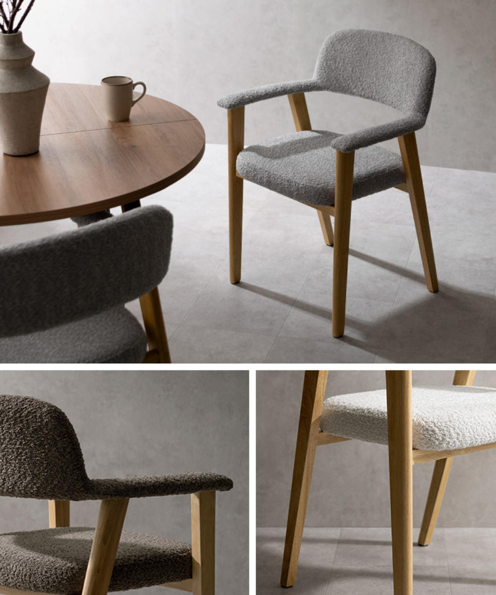 ダイニングチェア 座面高45cm 2脚セット 肘付き Levo 木製 ブークレ生地 Signature Studio ( チェア ダイニング イス 椅子 天然木 食卓椅子 肘掛け アームレスト チェアー いす 食卓 リビング リビングチェア クッション座面 ) 【ブラウン】 ブラウン