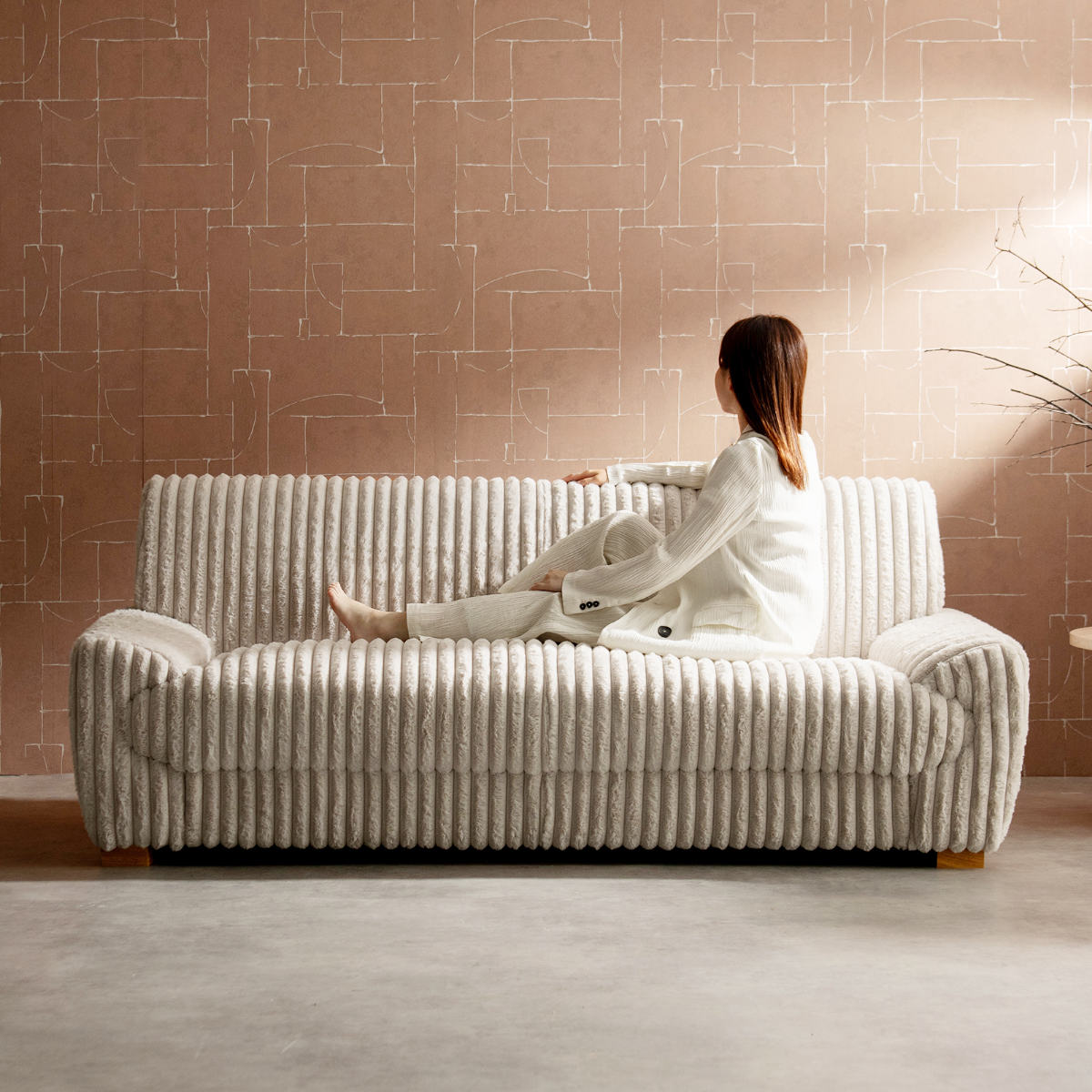 ソファ 幅198cm 3人掛け Meissa Signature Studio ( 開梱設置 リビングソファ sofa ブークレ コーデュロイ ウレタン ポケットコイル 座面 広い 完成品 クッション付き 木脚 天然木 ダイニングソファ ソファー ファブリック ) 【ブークレグレー】 ブークレグレー