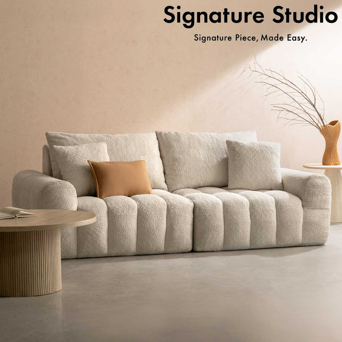 ソファ 3人掛け Albi ブークレ生地 Signature Studio ( ソファー ローソファ リビングソファ セパレート仕様 フロアソファ 脚なし 完成品 ファブリック ふわふわ 座面 広い ポケットコイル 座り心地 快適 クッション付き 肘置き )