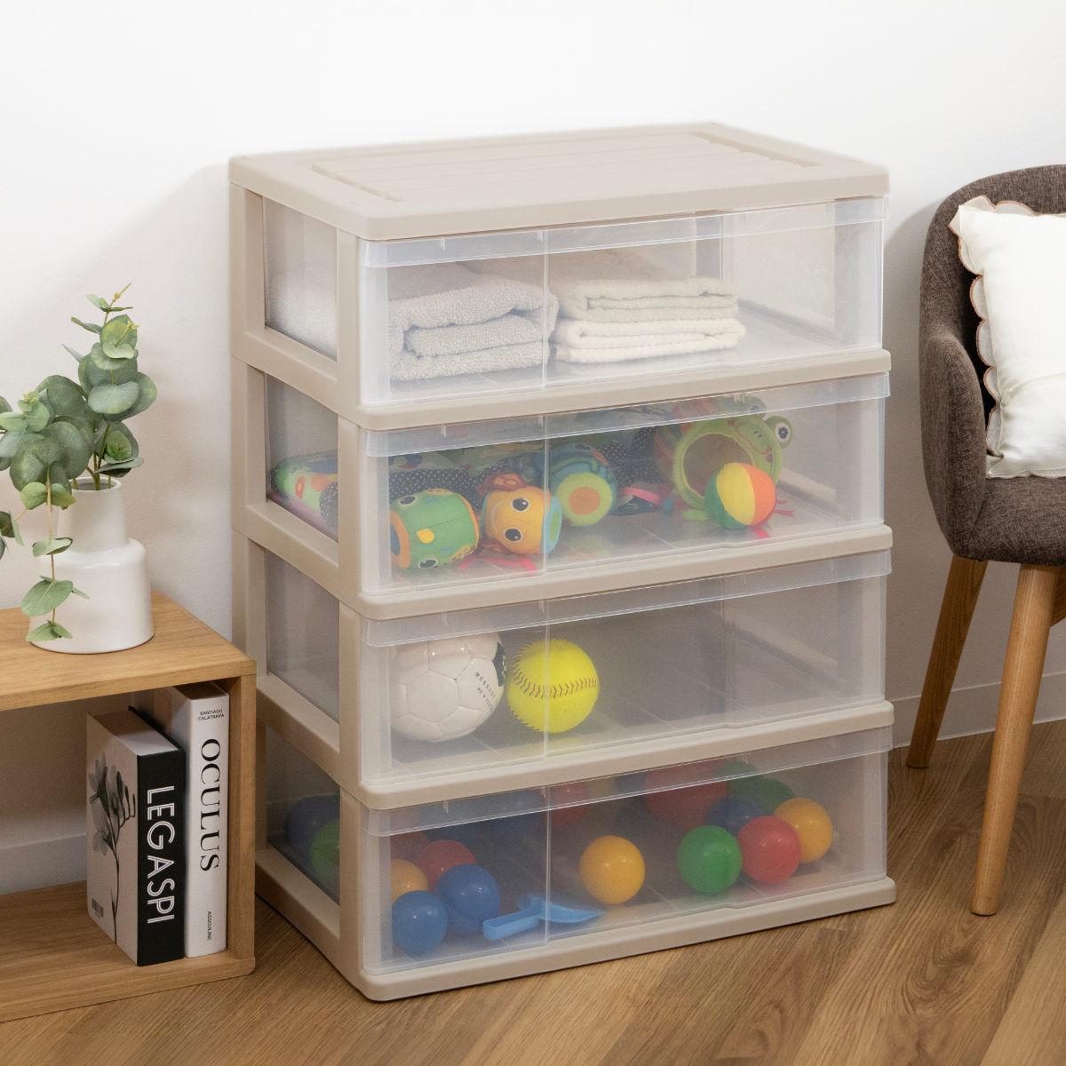 収納ケース ワイド収納ケース 4段 引き出し モノトーンカラー キャスター付き ( 収納ボックス 衣装ケース 衣類収納 子供部屋 子ども部屋 クローゼット収納 チェスト プラスチック 押入れ 収納 ケース 引出し スタッキング ) 【ブラック】 ブラック