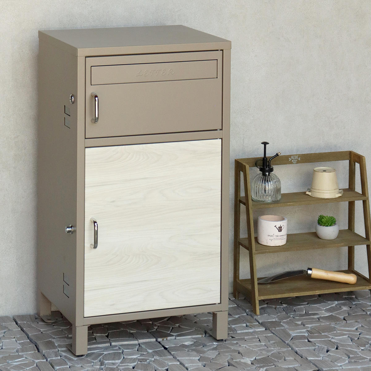 郵便ポスト 宅配ボックス 宅配ボックス付ポスト Dante ダンテ ( 宅配 ボックス ポスト一体型 ポスト 宅配ポスト 一戸建て用 据え置き 置き配用ボックス ステッカー 郵便 郵便受け 宅配BOX 鍵付き 戸建 屋外 おしゃれ ) 【ミルクティーベージュ×WH木目】 ミルクティーベージュ×WH木目