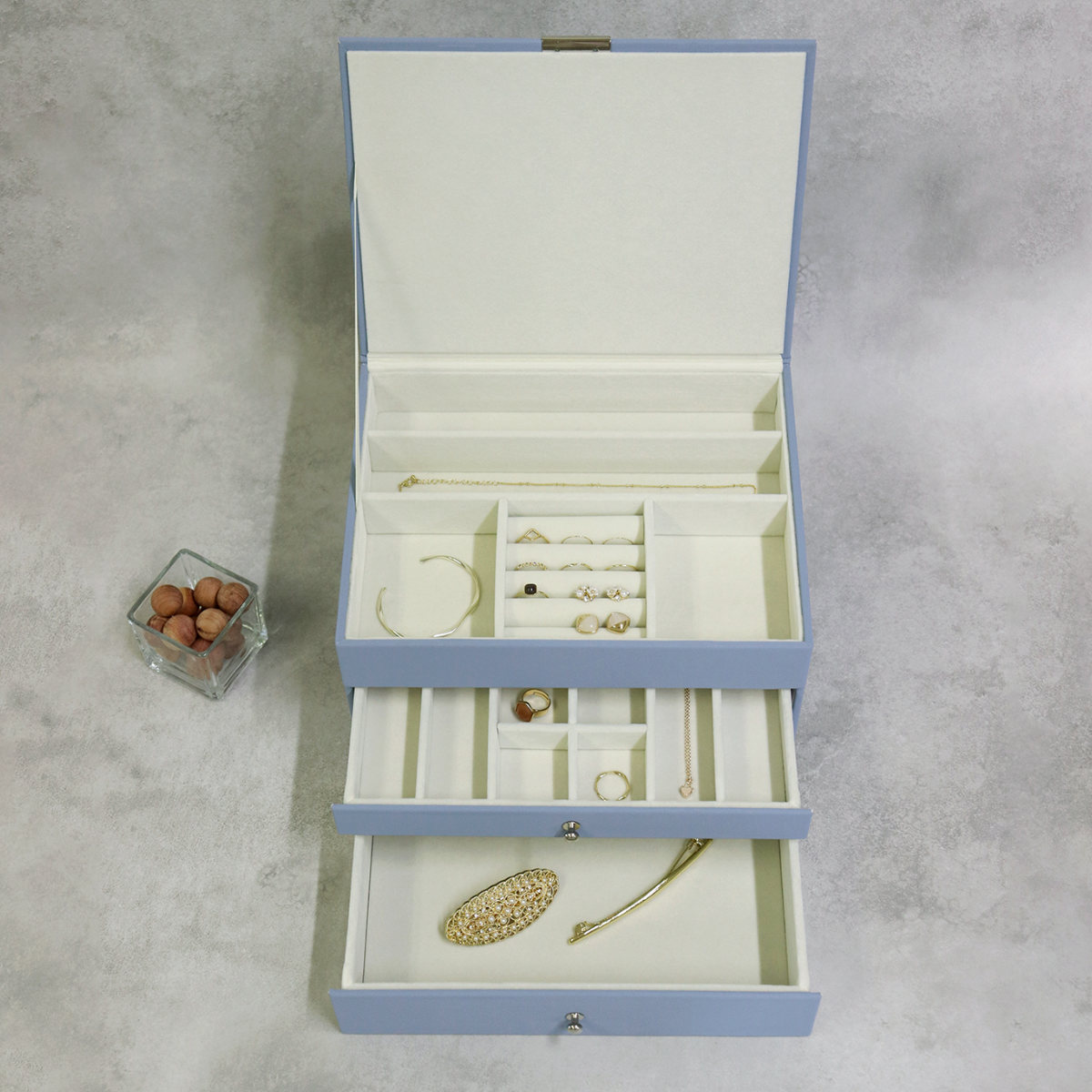 アクセサリーケース ジュエリーボックス Gage 3段 ( 収納 ジュエリー レザー調 アクセサリーボックス ボックス 仕切り ピアス 指輪 リング イヤリング 腕時計 ネックレス おしゃれ ベルベット ) 【ゼニスブルー】 ゼニスブルー
