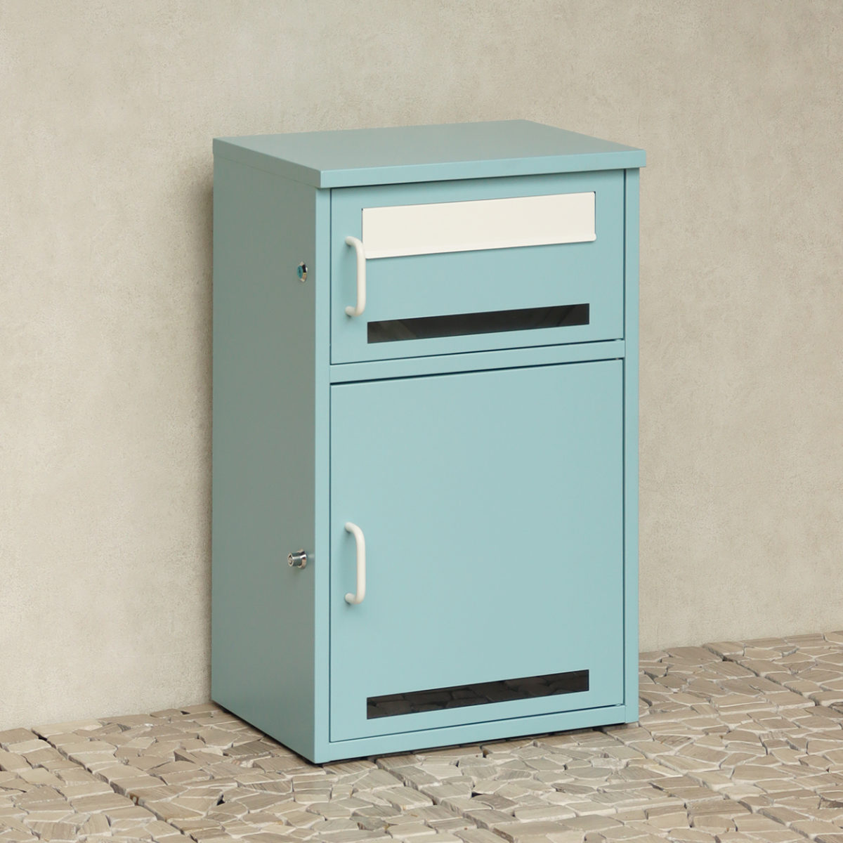 宅配ボックス 郵便ポスト 宅配ボックス付ポスト Loretta ロレッタ ( ポスト 宅配 ボックス 宅配ポスト 一戸建て用 スタンドポスト ポスト一体型 据え置き 置き配用ボックス 郵便 郵便受け 宅配BOX 2段式 プッシュキー 鍵付き ) 【アザーブルー】 アザーブルー