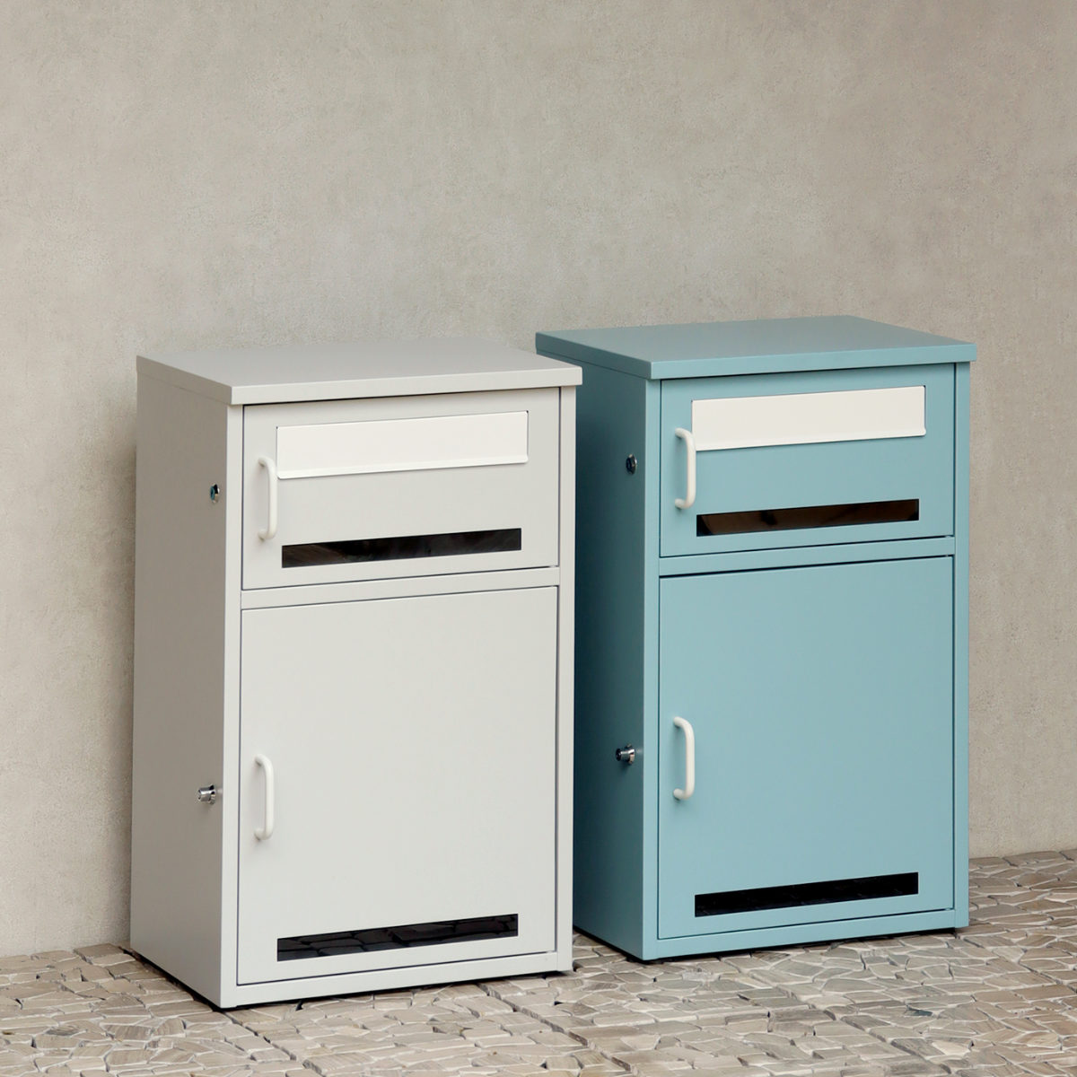 宅配ボックス 郵便ポスト 宅配ボックス付ポスト Loretta ロレッタ ( ポスト 宅配 ボックス 宅配ポスト 一戸建て用 スタンドポスト ポスト一体型 据え置き 置き配用ボックス 郵便 郵便受け 宅配BOX 2段式 プッシュキー 鍵付き ) 【アザーブルー】 アザーブルー