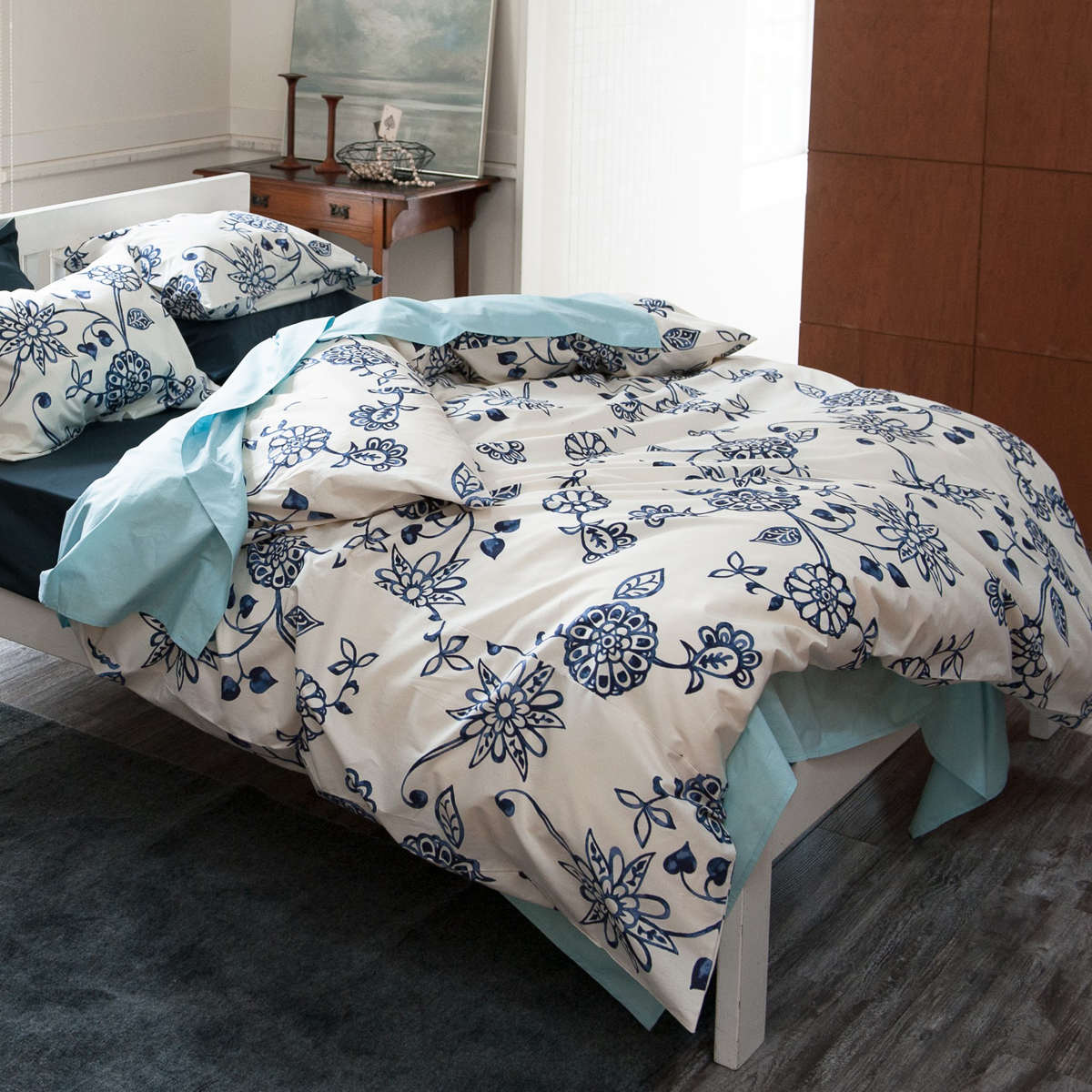 掛け布団カバー Fab the Home シングル エイジア 花柄 綿100% ( 布団カバー かけ布団カバー 掛けふとんカバー ファブザホーム コットン 綿 フラワー モノトーン ひも付き サイドファスナー ) 【ネイビー】 ネイビー