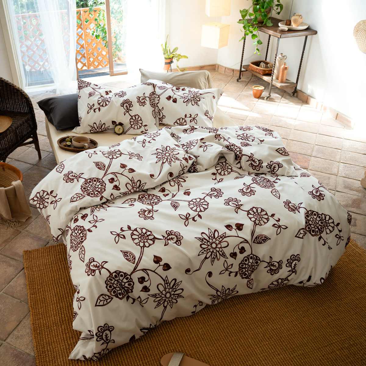 枕カバー Fab the Home 43×63cm用 エイジア 花柄 綿100% ( ピローカバー ピローケース まくらカバー ファブザホーム コットン 綿 フラワー モノトーン 丈夫 合わせ式 ) 【ネイビー】 ネイビー