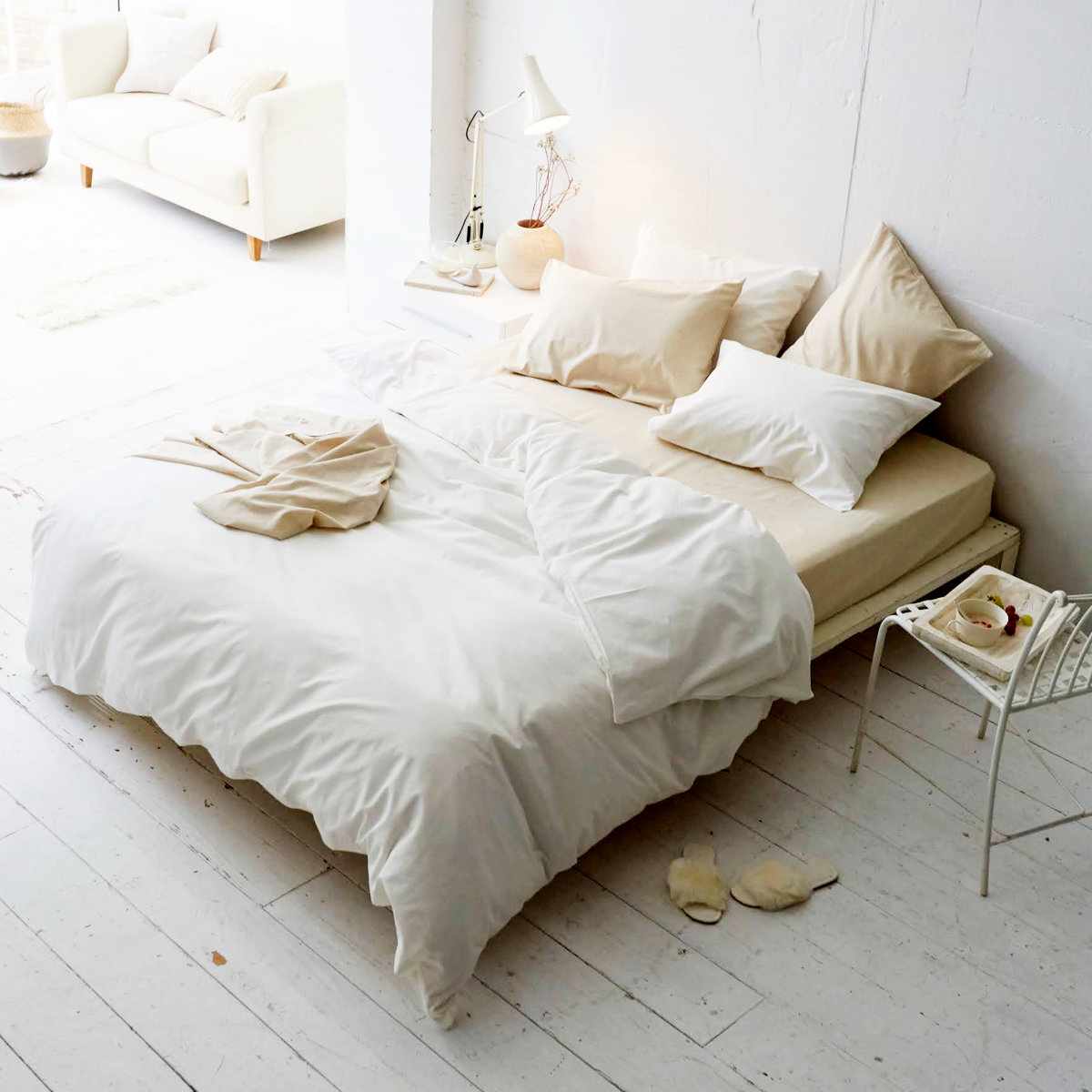 ボックスシーツ Fab the Home リネンミックス one-wash クイーン 綿麻混 ( ファブザホーム シーツ マットレス ベッド カバー 洗濯OK リネン 麻 コットン 綿 接ぎ目なし マチ30cm ゴム入 寝具 ホワイト ナチュラル ) 【ナチュラル】 ナチュラル