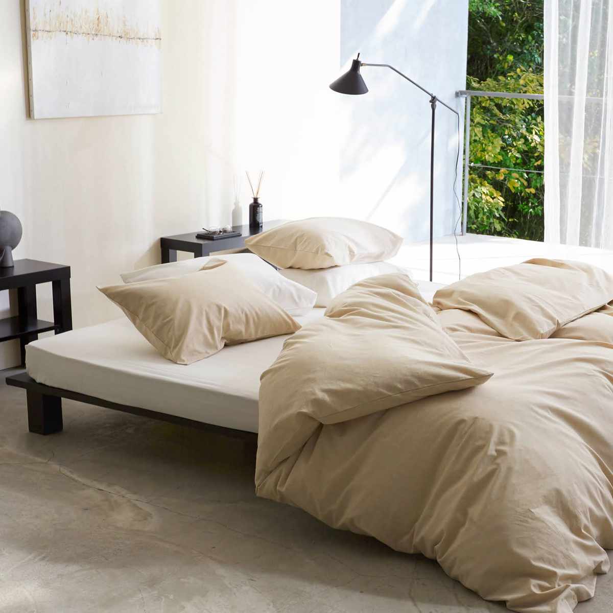 ボックスシーツ Fab the Home リネンミックス one-wash クイーン 綿麻混 ( ファブザホーム シーツ マットレス ベッド カバー 洗濯OK リネン 麻 コットン 綿 接ぎ目なし マチ30cm ゴム入 寝具 ホワイト ナチュラル ) 【ナチュラル】 ナチュラル