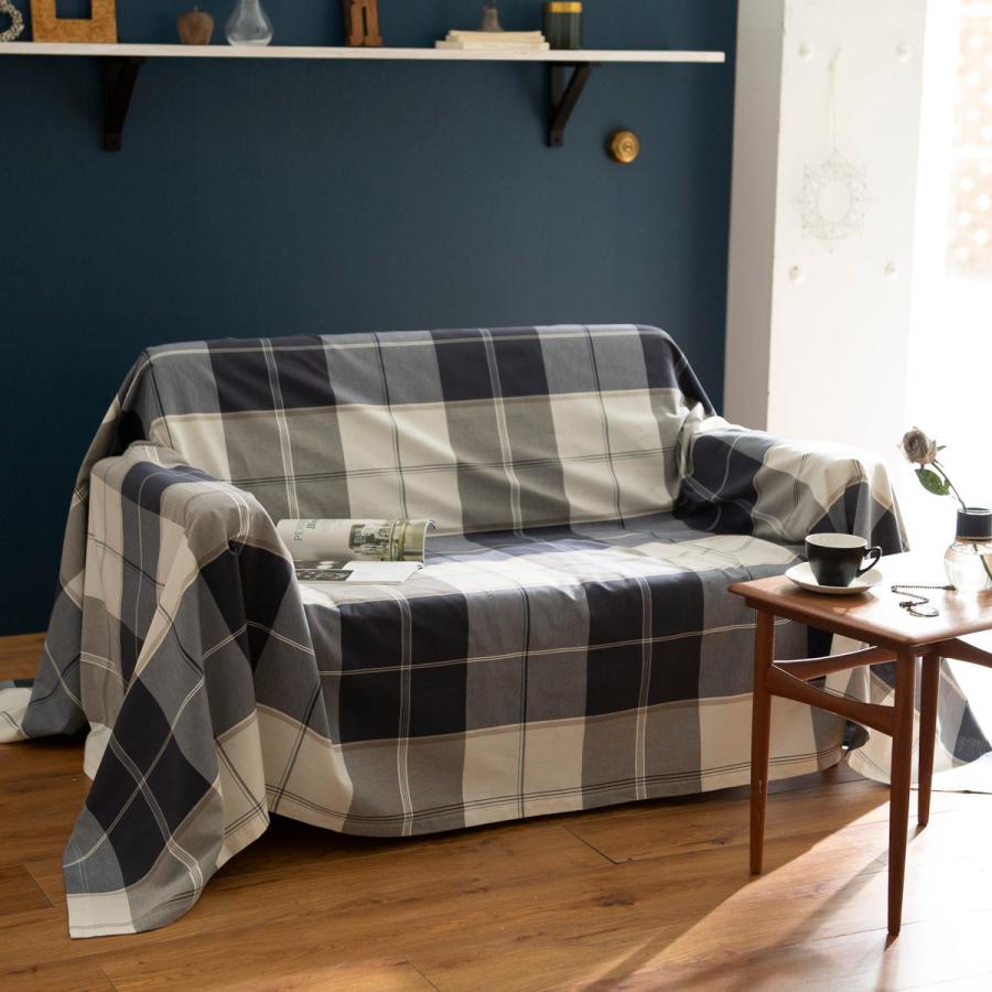 マルチカバー Fab the Home L 210×270cm アクロス 綿100% チェック柄 ( ソファカバー ベッドカバー フリークロス テーブルクロス 長方形 チェック ツイル織り コットン 接ぎ目なし ステッチ仕上げ ナチュラル )