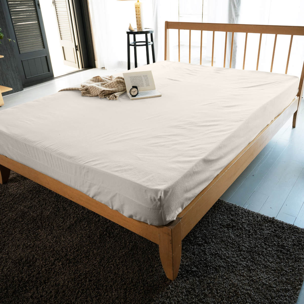 ボックスシーツ Fab the Home ダブル コットンフランネル 綿100% ( ファブザホーム マットレスカバー ベッドカバー ベッドシーツ 寝具 起毛素材 綿 継ぎ目なし ゴム入り ズレ防止 マチ30cm 天然繊維 ) 【ミルク】 ミルク
