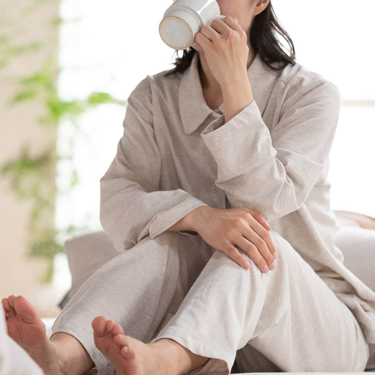 パジャマ Fab the Home L レディース ヘリンボーンニット 綿100% ( ファブザホーム ルームウェア 部屋着 ナイトウェア 寝巻き 上下セット 前開き 柔らか ストレッチ ナチュラル おしゃれ ) 【フェザーグレイ】 フェザーグレイ