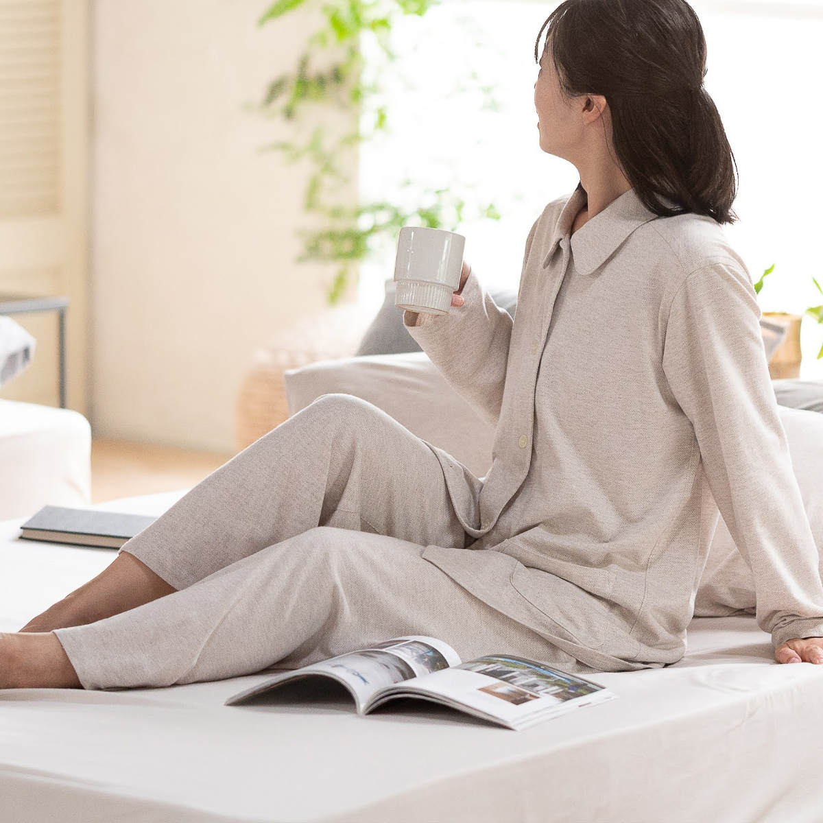 パジャマ Fab the Home L レディース ヘリンボーンニット 綿100% ( ファブザホーム ルームウェア 部屋着 ナイトウェア 寝巻き 上下セット 前開き 柔らか ストレッチ ナチュラル おしゃれ ) 【フェザーグレイ】 フェザーグレイ