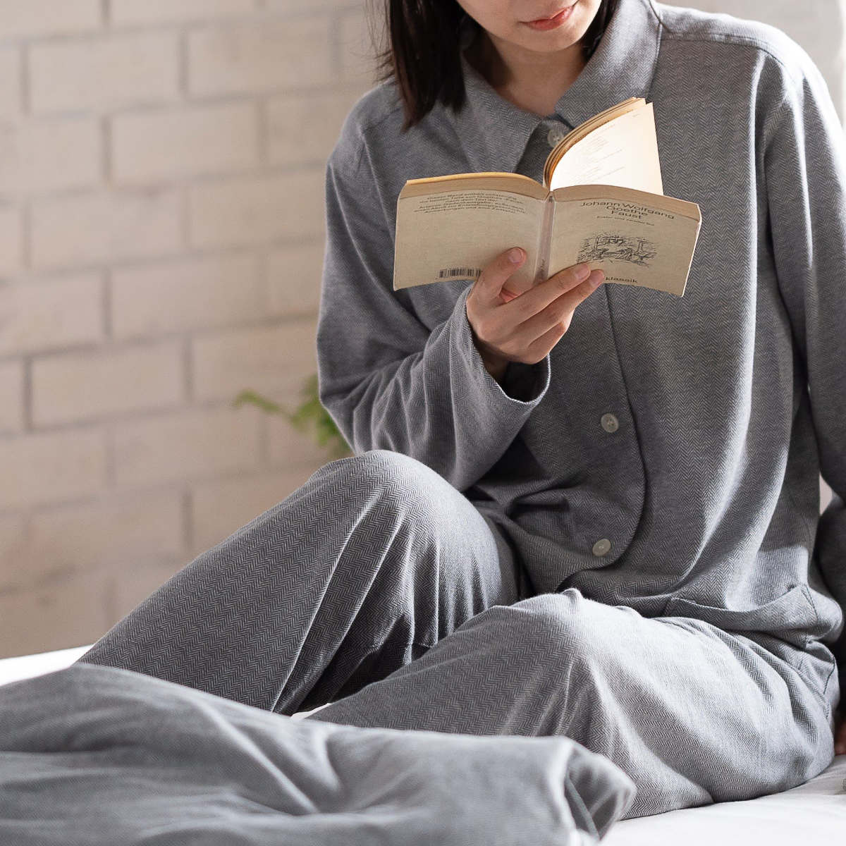 パジャマ Fab the Home L レディース ヘリンボーンニット 綿100% ( ファブザホーム ルームウェア 部屋着 ナイトウェア 寝巻き 上下セット 前開き 柔らか ストレッチ ナチュラル おしゃれ ) 【フェザーグレイ】 フェザーグレイ