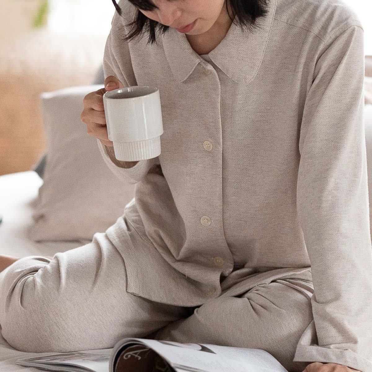 パジャマ Fab the Home L レディース ヘリンボーンニット 綿100% ( ファブザホーム ルームウェア 部屋着 ナイトウェア 寝巻き 上下セット 前開き 柔らか ストレッチ ナチュラル おしゃれ ) 【フェザーグレイ】 フェザーグレイ