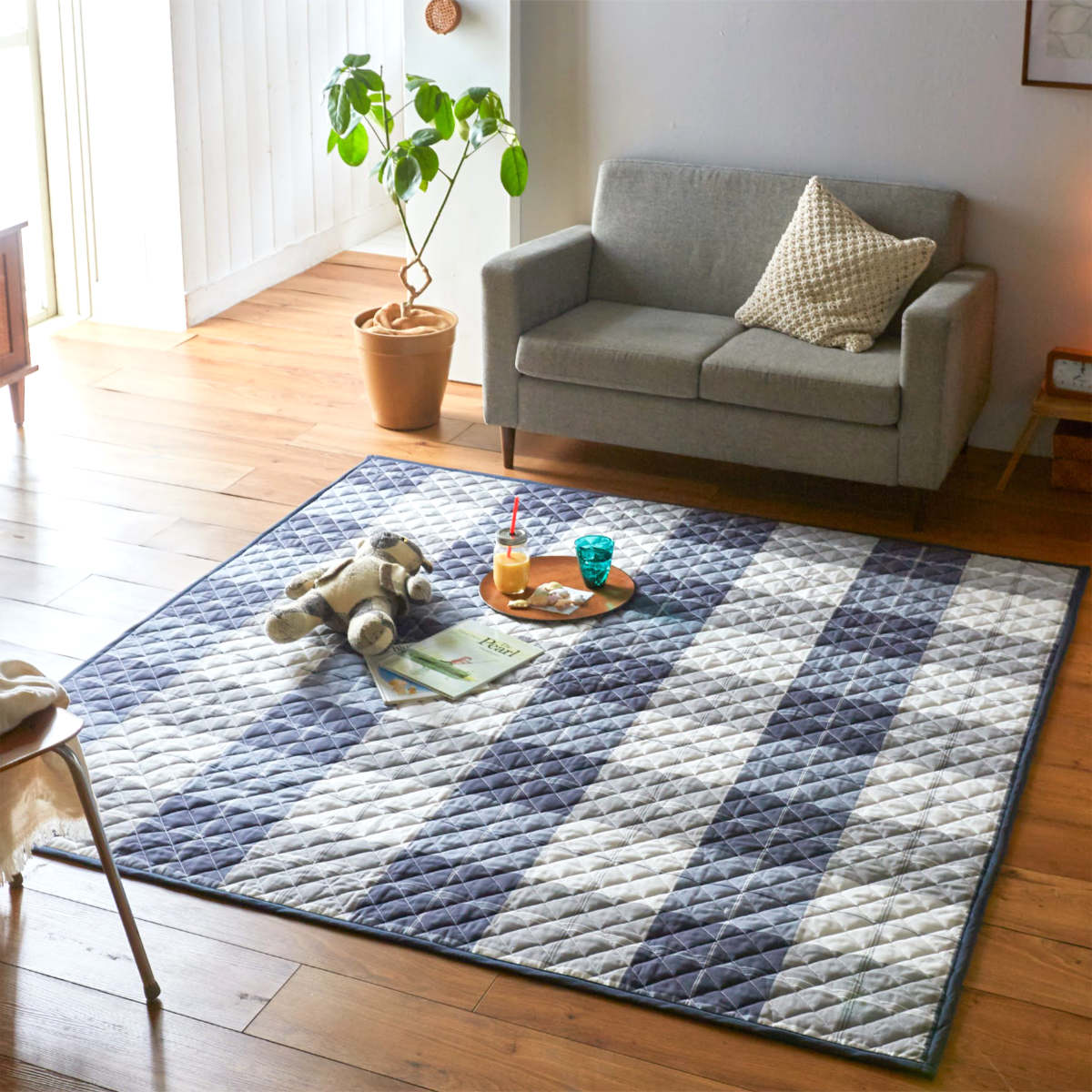 ラグ Fab the Home 190×190cm アクロス 洗える ( ラグマット カーペット 絨毯 アクセントラグ マット キルトラグ キルティング ホットカーペット 床暖 対応 洗濯できる インテリア チェック ブロックチェック )