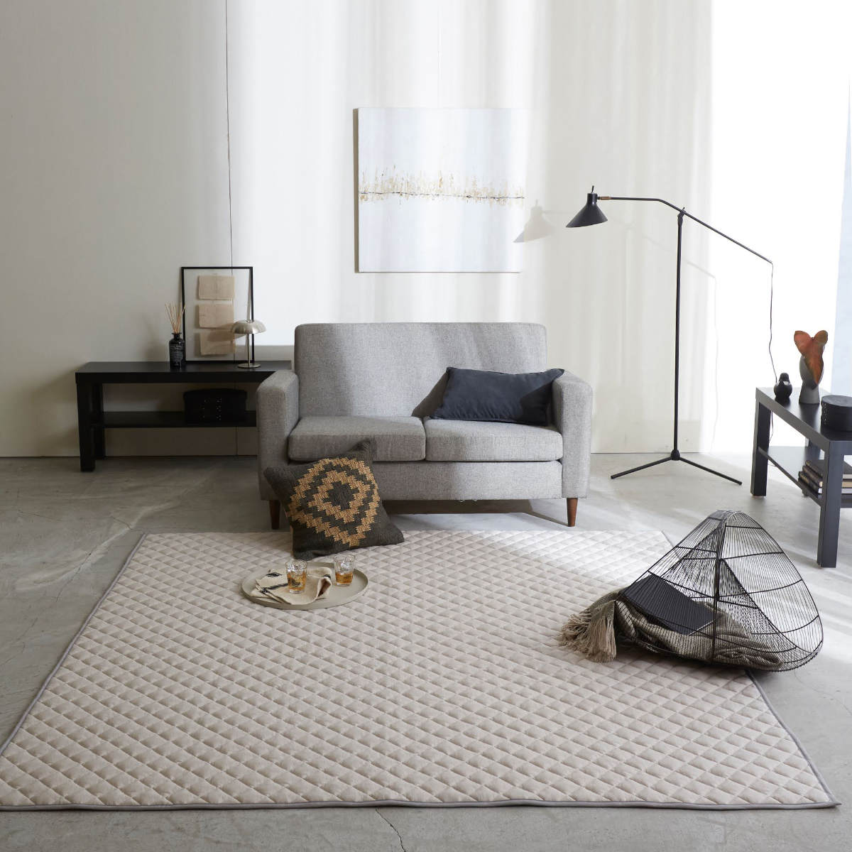 ラグ Fab the Home 130×190cm ヘリンボーンニット 洗える ( ラグマット カーペット 絨毯 アクセントラグ マット キルトラグ キルティング ホットカーペット 床暖 対応 洗濯できる インテリア ヘリンボーン ) 【フェザーグレイ】 フェザーグレイ