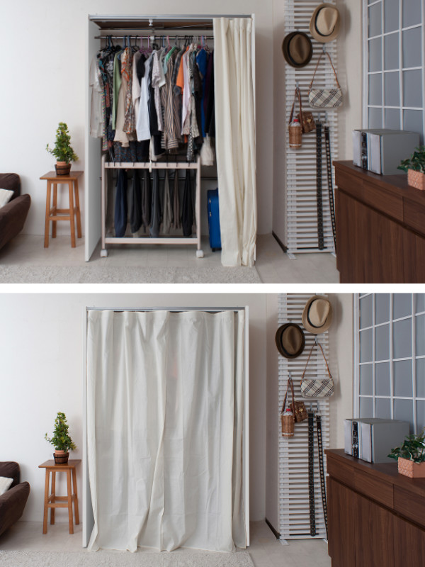 伸縮クローゼット 最大幅125cm ハンガーラック カーテン付き 日本製 ( 衣類収納 大型 木製 コートハンガー 伸縮式 ワードローブ パイプハンガー ) 【ナチュラル】 ナチュラル