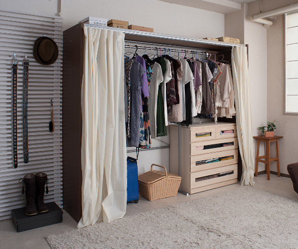 伸縮クローゼット 最大幅305cm ハンガーラック カーテン付き 日本製 ( パイプハンガー 衣類収納 大型 木製 コートハンガー 伸縮式 ワードローブ ) 【ホワイト】 ホワイト