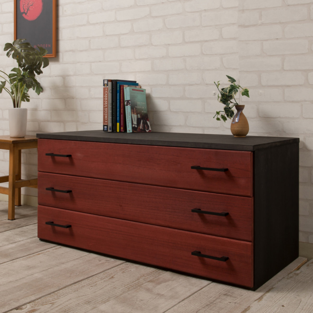 桐タンス 幅98cm 3段 朱色 朱雀 日本製 ( 桐 たんす 天然木 防虫 調湿 上置き兼用 完成品 チェスト 着物収納 桐たんす たとう紙 総桐 三杯 引き出し )