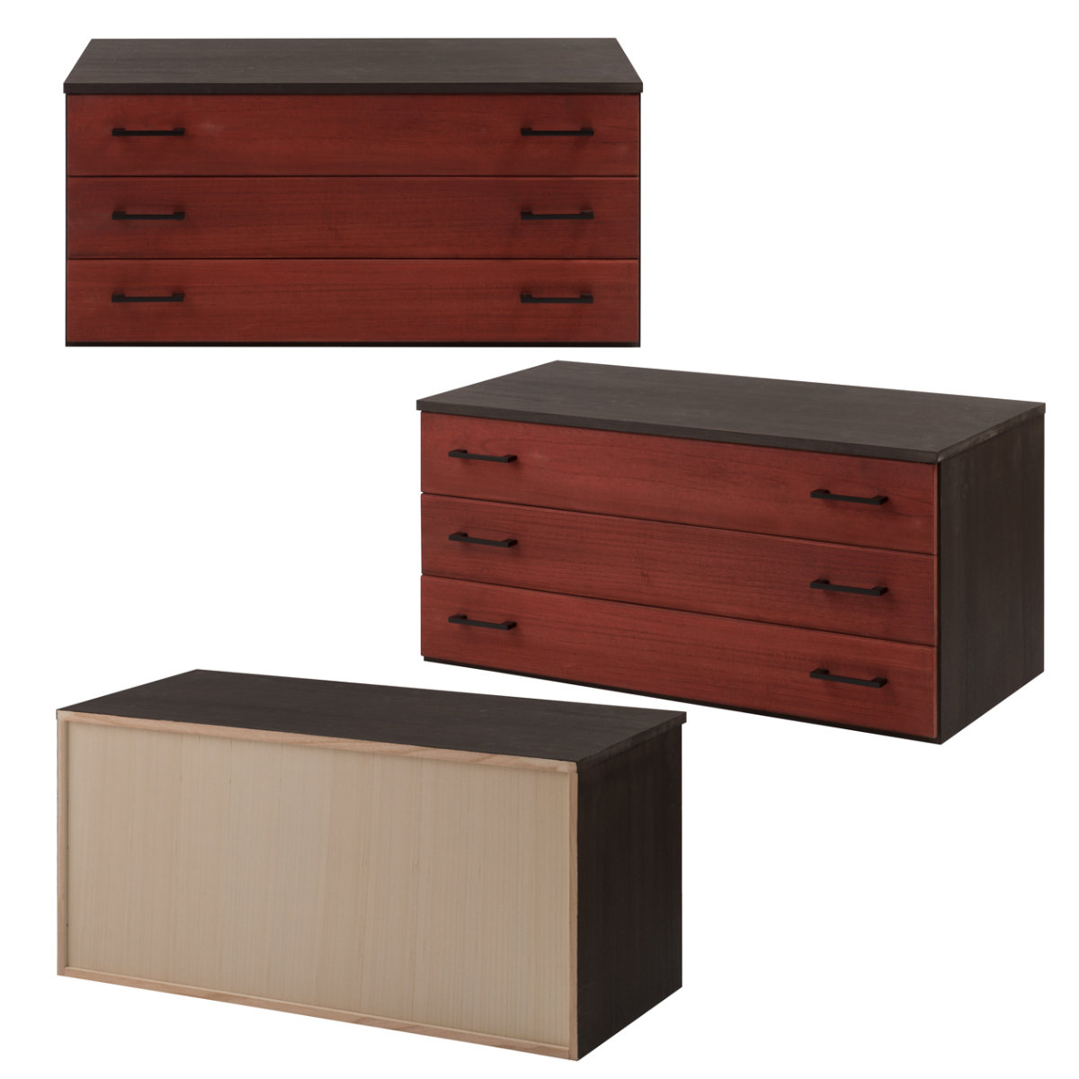 桐タンス 幅98cm 3段 朱色 朱雀 日本製 ( 桐 たんす 天然木 防虫 調湿 上置き兼用 完成品 チェスト 着物収納 桐たんす たとう紙 総桐 三杯 引き出し )