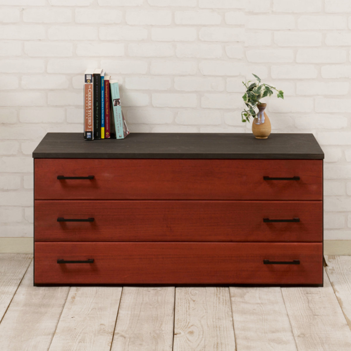 桐タンス 幅98cm 3段 朱色 朱雀 日本製 ( 桐 たんす 天然木 防虫 調湿 上置き兼用 完成品 チェスト 着物収納 桐たんす たとう紙 総桐 三杯 引き出し )