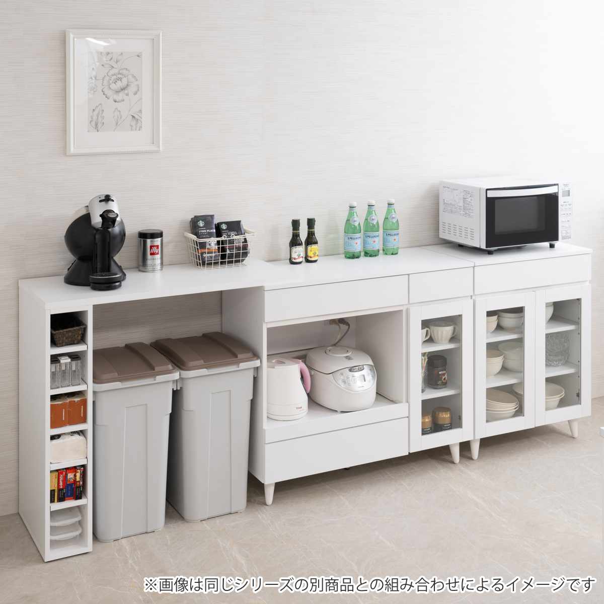 キッチンカウンター 幅60cm ガラス扉 ミニカップボード ホワイトリヴ ( Whiteliv カウンター 食器棚 カップボード 可動棚 組み合わせ キッチン収納 ホワイト 引き出し シンプル )