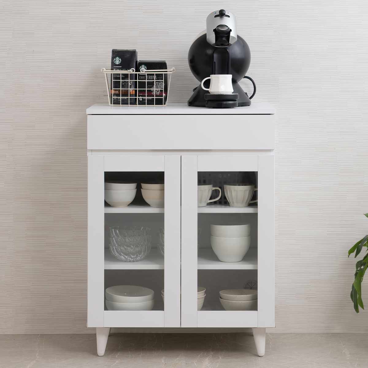 キッチンカウンター 幅60cm ガラス扉 ミニカップボード ホワイトリヴ ( Whiteliv カウンター 食器棚 カップボード 可動棚 組み合わせ キッチン収納 ホワイト 引き出し シンプル )