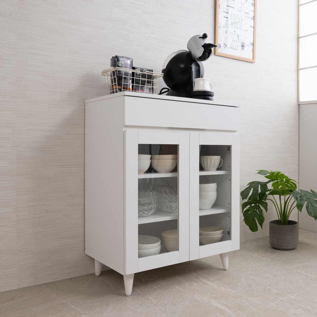 キッチンカウンター 幅60cm ガラス扉 ミニカップボード ホワイトリヴ ( Whiteliv カウンター 食器棚 カップボード 可動棚 組み合わせ キッチン収納 ホワイト 引き出し シンプル )