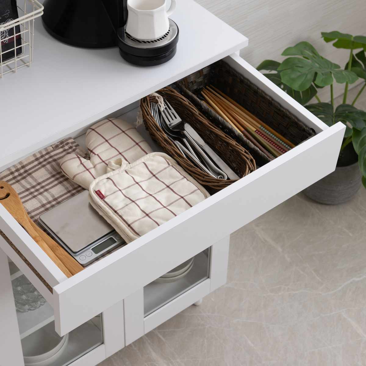 キッチンカウンター 幅60cm ガラス扉 ミニカップボード ホワイトリヴ ( Whiteliv カウンター 食器棚 カップボード 可動棚 組み合わせ キッチン収納 ホワイト 引き出し シンプル )