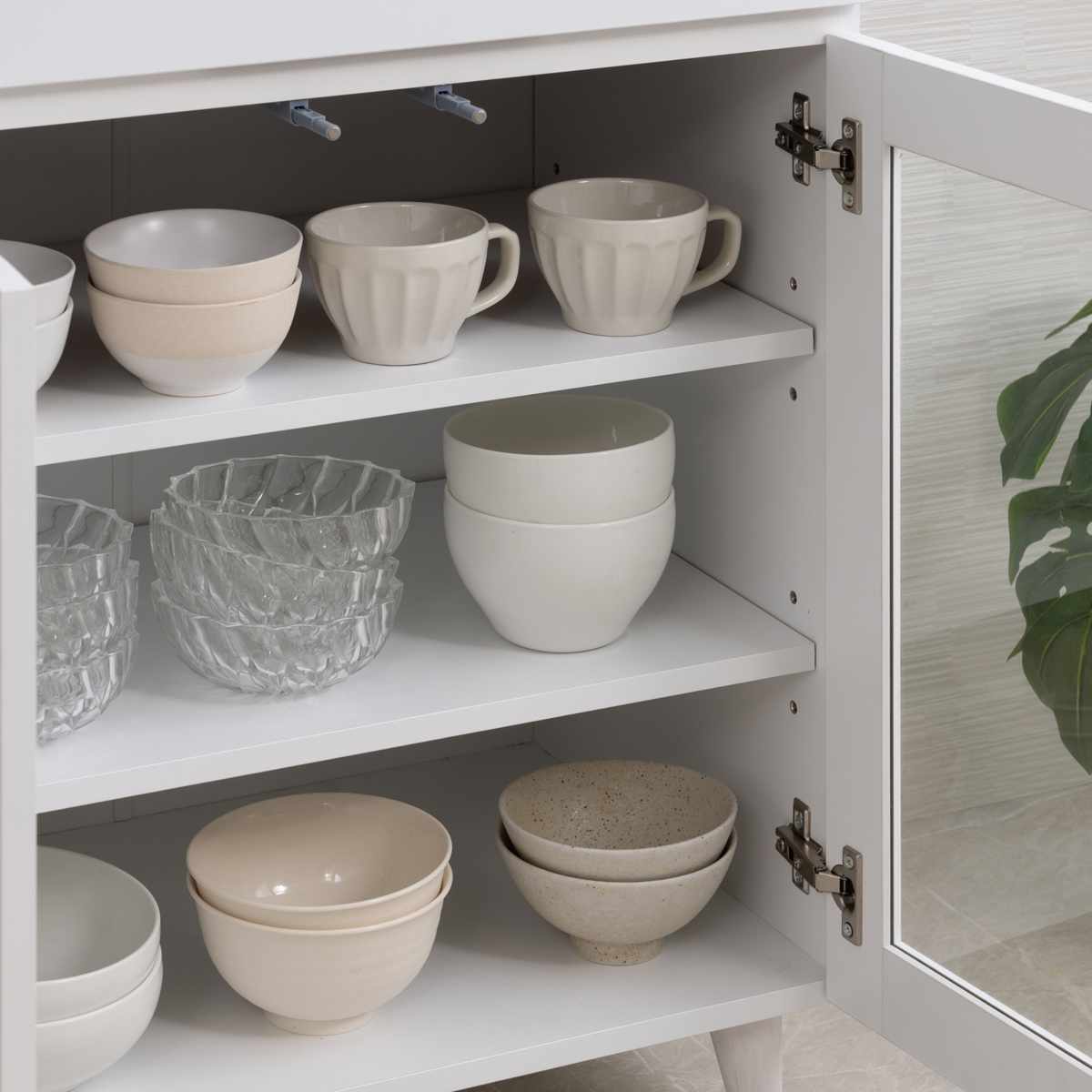 キッチンカウンター 幅60cm ガラス扉 ミニカップボード ホワイトリヴ ( Whiteliv カウンター 食器棚 カップボード 可動棚 組み合わせ キッチン収納 ホワイト 引き出し シンプル )