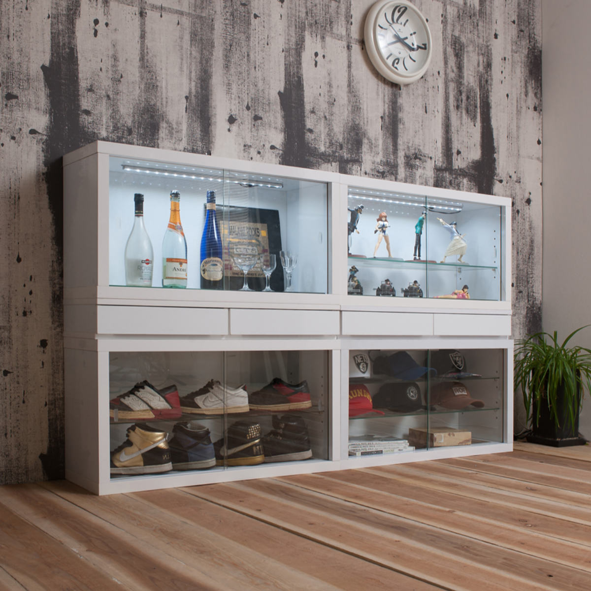 コレクションボード オープンタイプ 幅90cm 艶有り仕上げ ( recta コレクションラック ディスプレイ 収納 棚 引出し 艶あり 組み合わせ ガラス天板 ハイグロス仕上げ 引き戸 ホワイト 奥行スリム 薄型 )