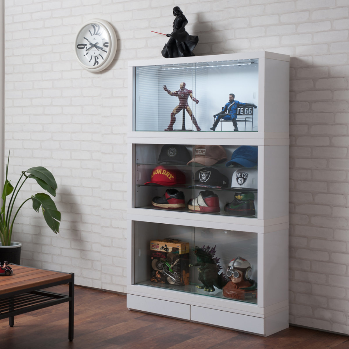 コレクションボード オープンタイプ 幅90cm 艶有り仕上げ ( recta コレクションラック ディスプレイ 収納 棚 引出し 艶あり 組み合わせ ガラス天板 ハイグロス仕上げ 引き戸 ホワイト 奥行スリム 薄型 )