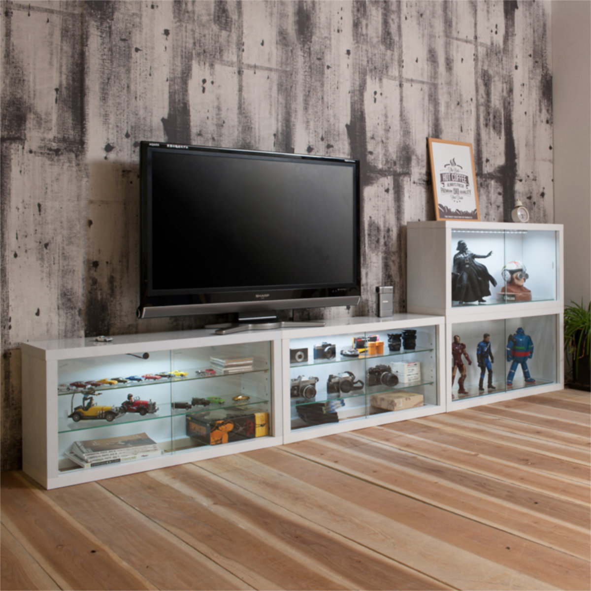 コレクションボード オープンタイプ 幅90cm 艶有り仕上げ ( recta コレクションラック ディスプレイ 収納 棚 引出し 艶あり 組み合わせ ガラス天板 ハイグロス仕上げ 引き戸 ホワイト 奥行スリム 薄型 )