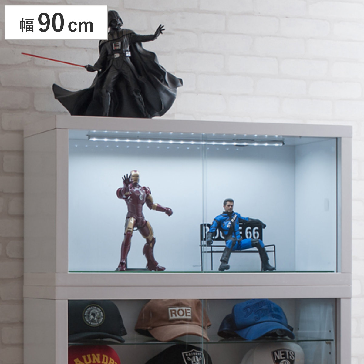 コレクションボード オープンタイプ LEDライト付き 幅90cm 艶有り仕上げ （ recta コレクションラック ディスプレイ 照明 収納 棚 引出し 艶あり 組み合わせ ガラス天板 ハイグロス仕上げ 引き戸 ホワイト 奥行スリム 薄型 ）