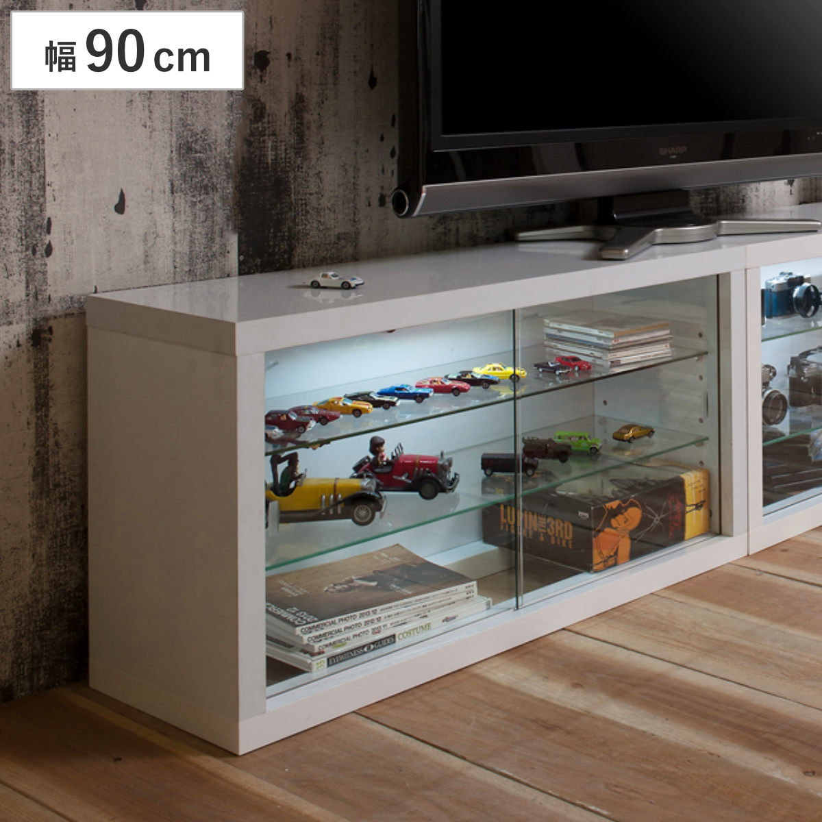 コレクションボード ガラス棚タイプ LEDライト付き 幅90cm 艶有り仕上げ （ recta コレクションラック ディスプレイ 照明 収納 棚 引出し 艶あり 組み合わせ ガラス天板 ハイグロス仕上げ 引き戸 ホワイト 可動棚 奥行スリム 薄型 ）