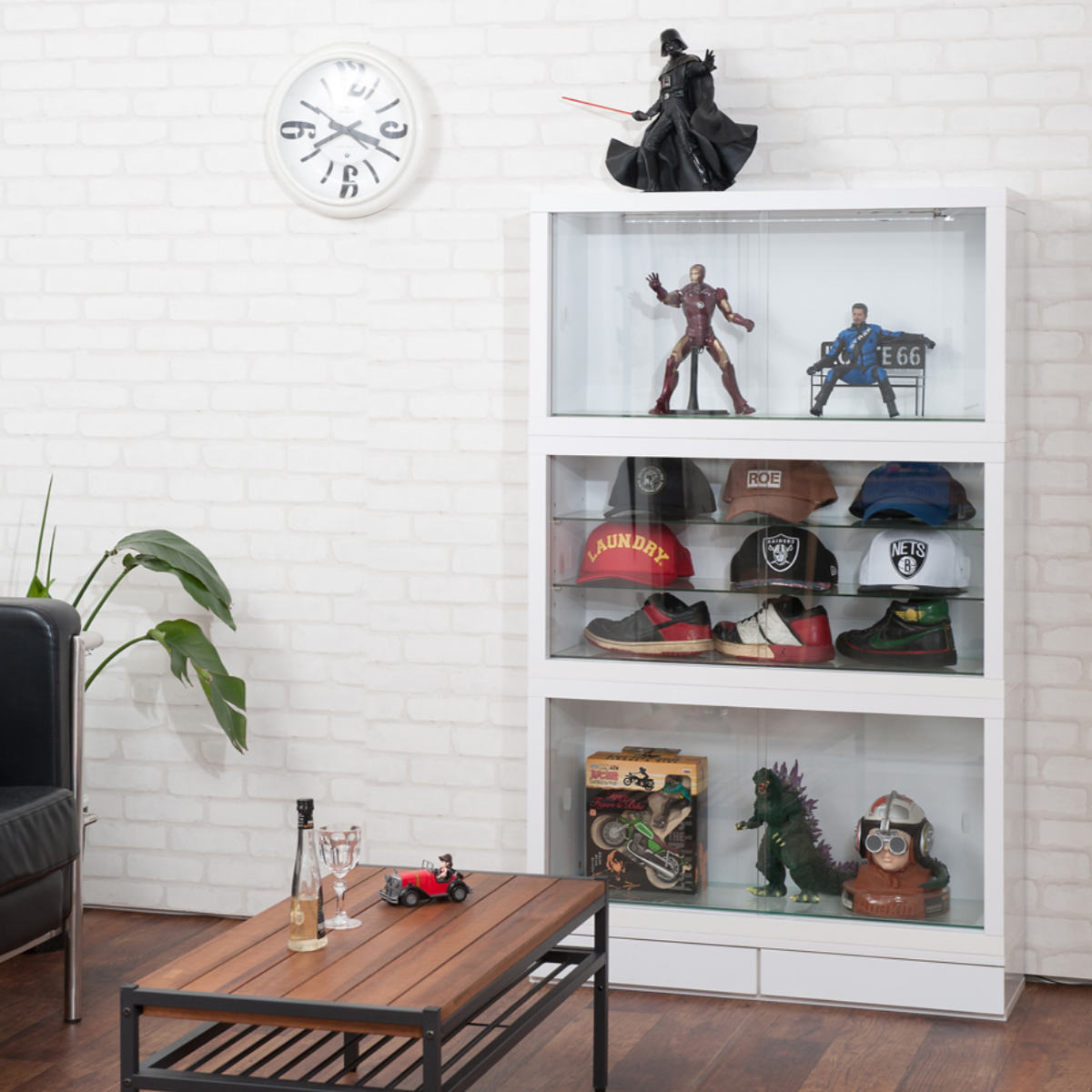 コレクションボード ガラス棚タイプ LEDライト付き 幅90cm 艶有り仕上げ ( recta コレクションラック ディスプレイ 照明 収納 棚 引出し 艶あり 組み合わせ ガラス天板 ハイグロス仕上げ 引き戸 ホワイト 可動棚 奥行スリム 薄型 )