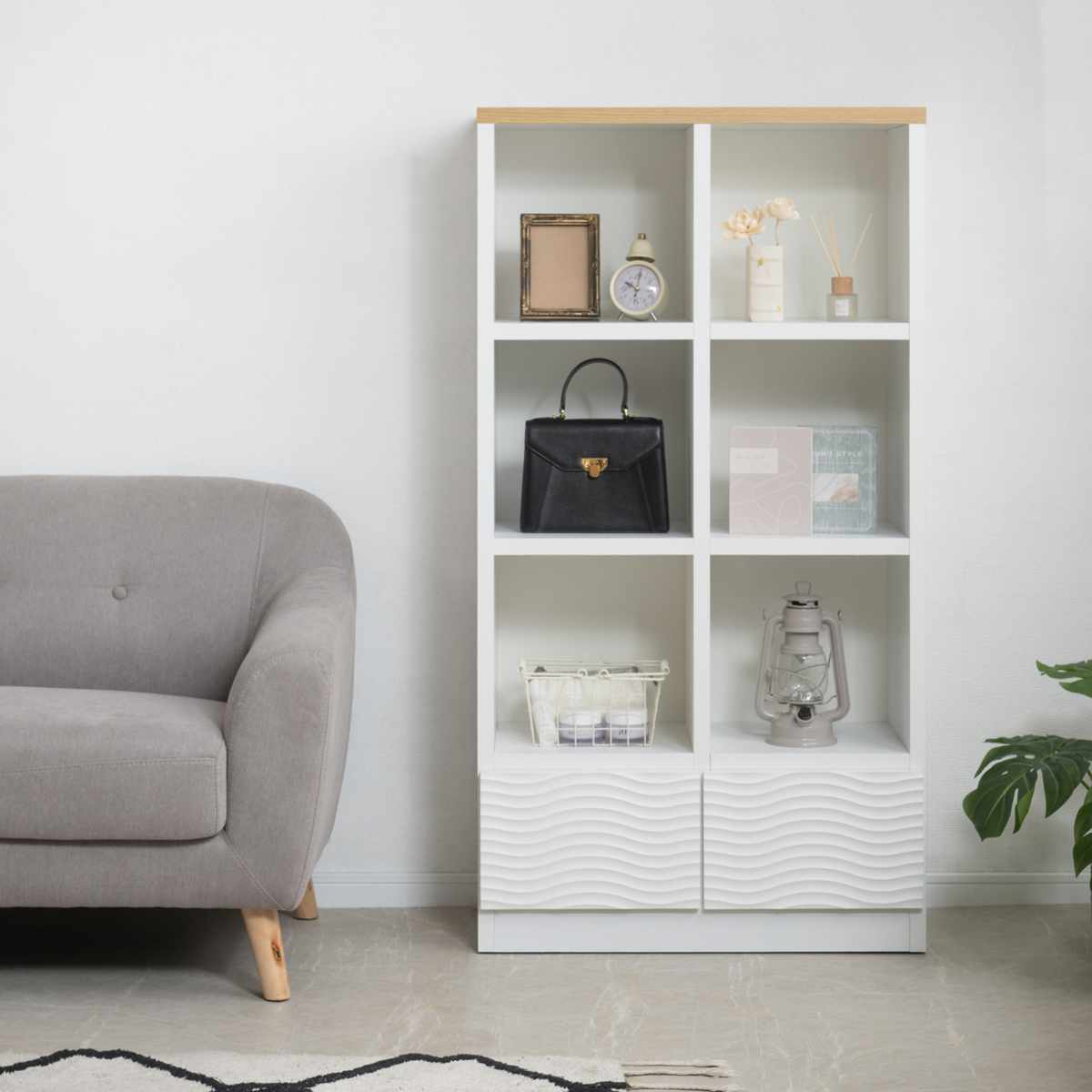 オープンラック 幅71cm ウェーブ模様 引出し2杯 日本製 完成品 ( wave ラック 本棚 棚 収納 飾り棚 ディスプレイ シェルフ 引出し ホワイト シンプル 2杯 )